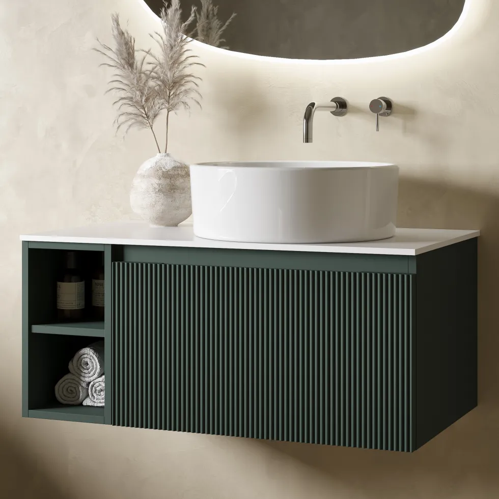 Drench Groove 800mm Fluted Wall Hung Vanity Unit with Open Shelves & Sintered Stone Countertop