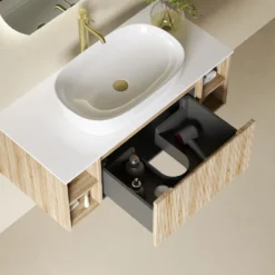 Drench Groove 1000mm Fluted Wall Hung Vanity Unit with Open Shelves & Sintered Stone Countertop