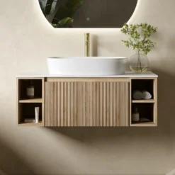 Drench Groove 1000mm Fluted Wall Hung Vanity Unit with Open Shelves & Sintered Stone Countertop
