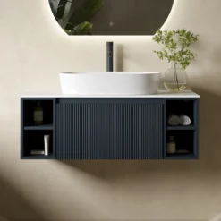 Drench Groove 1000mm Fluted Wall Hung Vanity Unit with Open Shelves & Sintered Stone Countertop