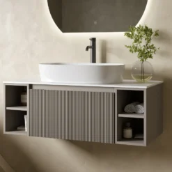 Drench Groove 1000mm Fluted Wall Hung Vanity Unit with Open Shelves & Sintered Stone Countertop
