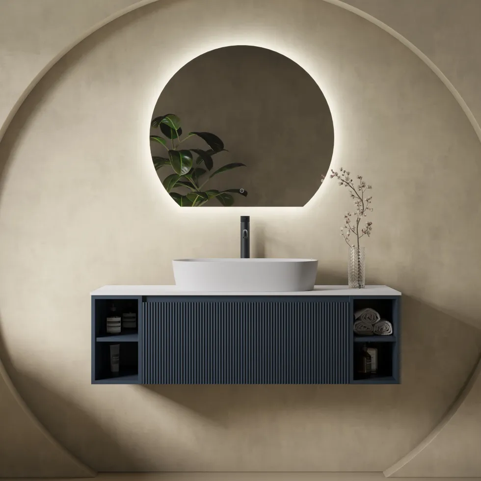 Drench Groove 1200mm Fluted Wall Hung Vanity Unit With Open Shelves & Sintered Stone Countertop