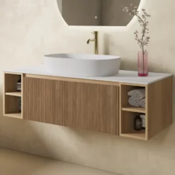 Drench Groove 1200mm Fluted Wall Hung Vanity Unit With Open Shelves & Sintered Stone Countertop