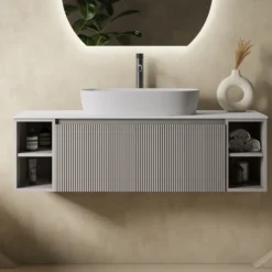 Drench Groove 1200mm Fluted Wall Hung Vanity Unit With Open Shelves & Sintered Stone Countertop