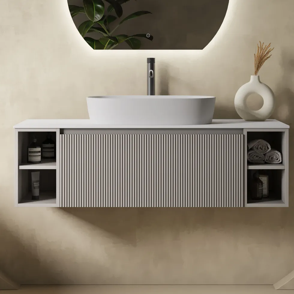 Drench Groove 1200mm Fluted Wall Hung Vanity Unit With Open Shelves & Sintered Stone Countertop