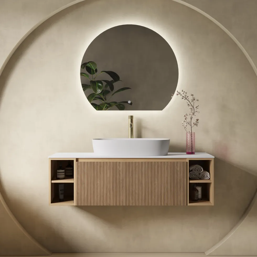 Drench Groove 1200mm Fluted Wall Hung Vanity Unit With Open Shelves & Sintered Stone Countertop