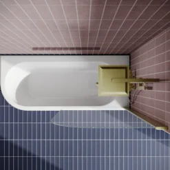 Drench J Shaped Shower Bath with Panel & Brushed Brass Shower Screen - 1700mm