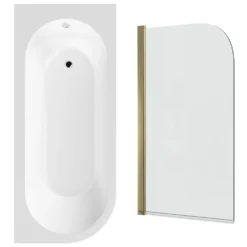 Drench J Shaped Shower Bath with Panel & Brushed Brass Shower Screen - 1700mm
