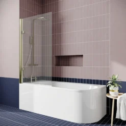 Drench J Shaped Shower Bath with Panel & Brushed Brass Shower Screen - 1700mm