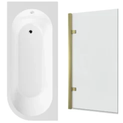 Drench J Shaped Shower Bath with Panel & Brushed Brass Shower Screen - 1700mm
