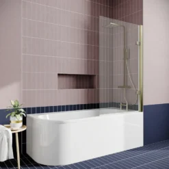 Drench J Shaped Shower Bath with Panel & Brushed Brass Shower Screen - 1700mm
