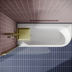 Drench J Shaped Shower Bath with Panel & Brushed Brass Shower Screen - 1700mm