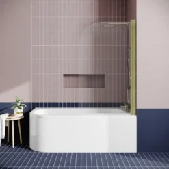 Drench J Shaped Shower Bath with Panel & Brushed Brass Shower Screen - 1700mm