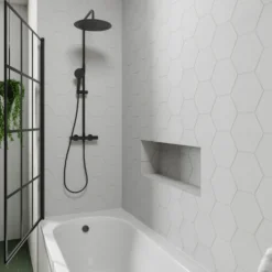 Drench J Shaped Shower Bath with Panel & Matt Black Shower Screen - 1700mm