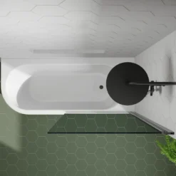 Drench J Shaped Shower Bath with Panel & Matt Black Shower Screen - 1700mm