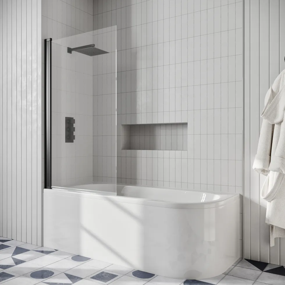 Drench J Shaped Shower Bath with Panel & Shower Screen