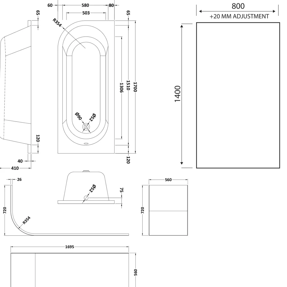 Drench J Shaped Shower Bath with Panel & Shower Screen