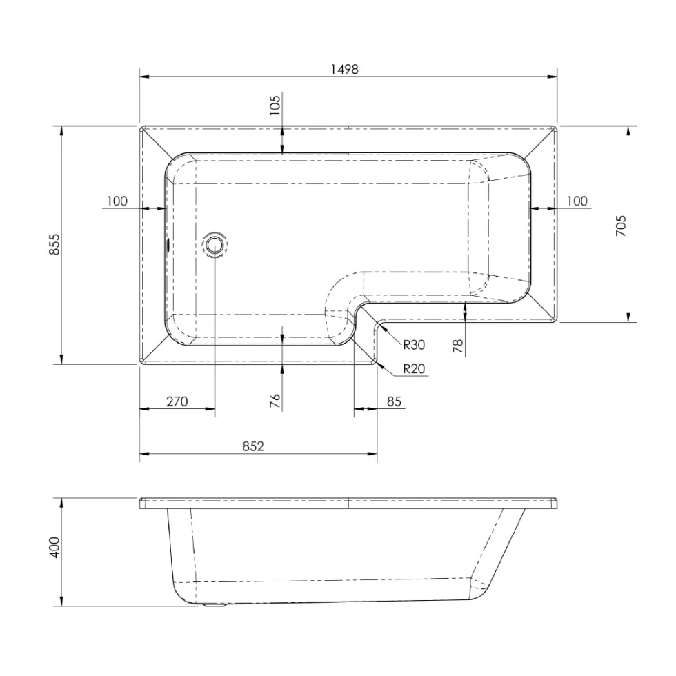 Drench L Shaped Shower Bath & Optional Panel - 1500mm