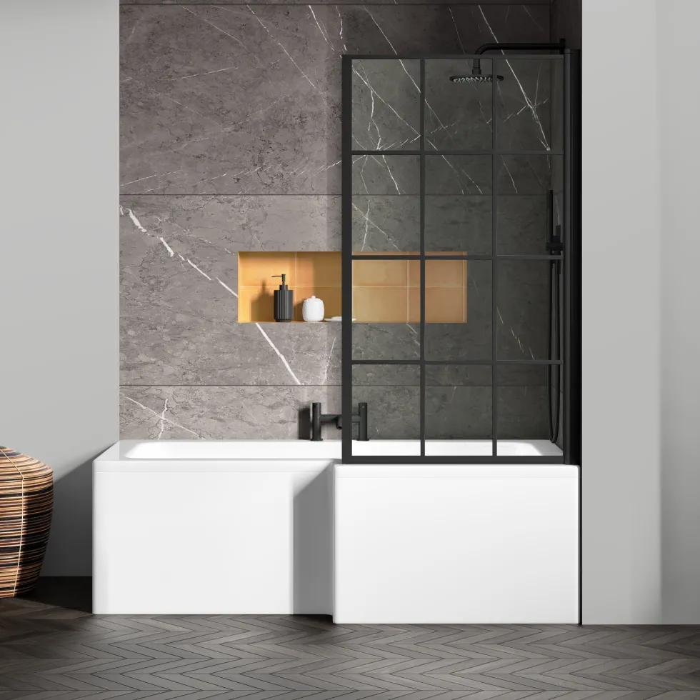 Drench L Shaped Shower Bath with Black Grid Shower Screen & Panel - 1700mm