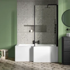 Drench L Shaped Shower Bath with Black Shower Screen & Panel - 1700mm