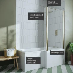 Drench L Shaped Shower Bath with Brushed Brass Shower Screen & Panel - 1500mm