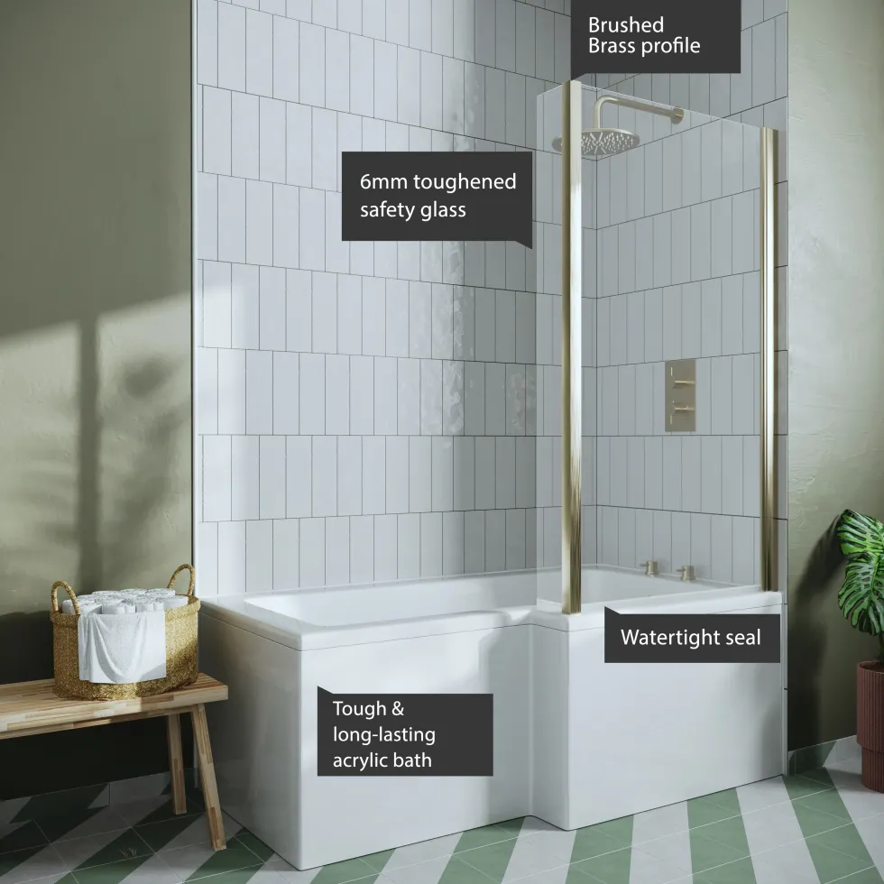Drench L Shaped Shower Bath with Brushed Brass Shower Screen & Panel - 1500mm
