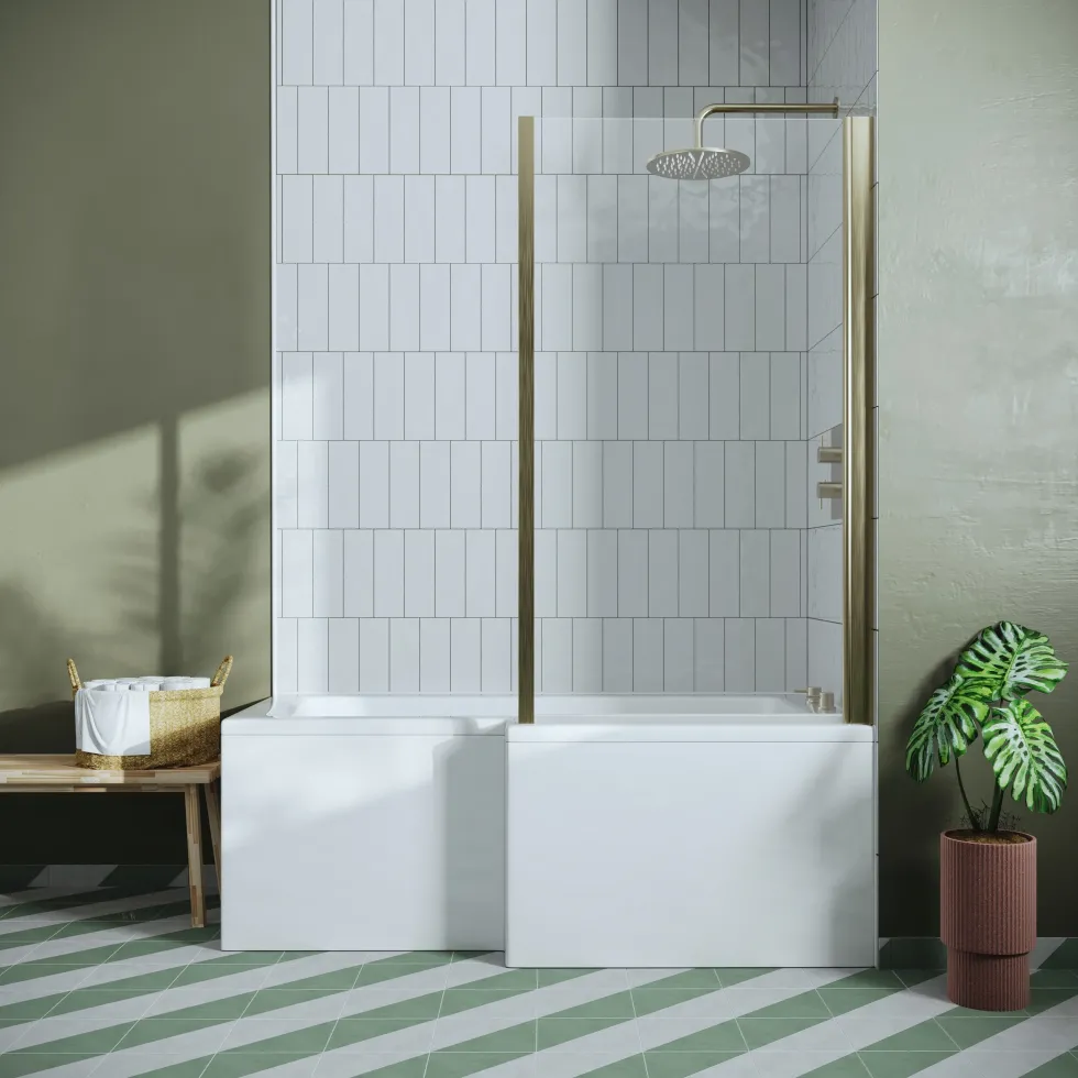 Drench L Shaped Shower Bath with Brushed Brass Shower Screen & Panel - 1500mm