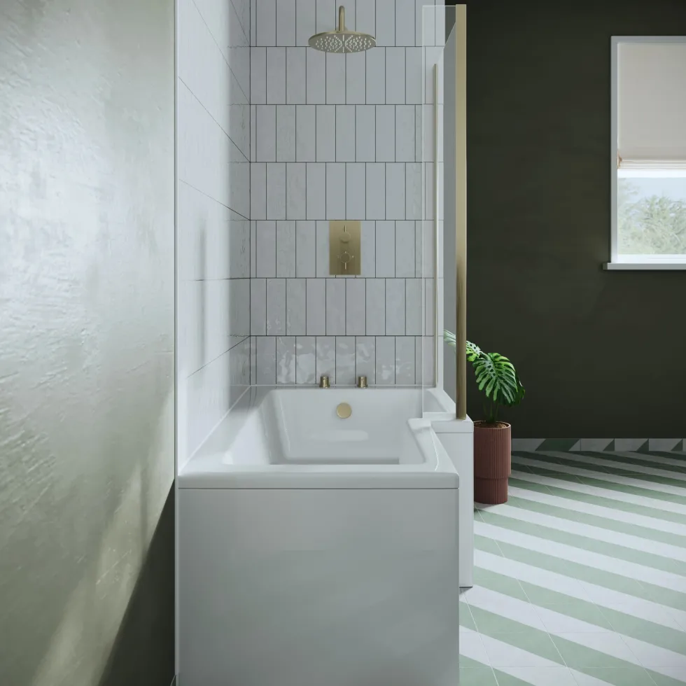 Drench L Shaped Shower Bath with Brushed Brass Shower Screen & Panel - 1500mm