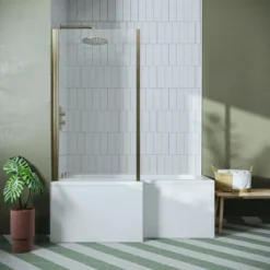 Drench L Shaped Shower Bath with Brushed Brass Shower Screen & Panel - 1500mm