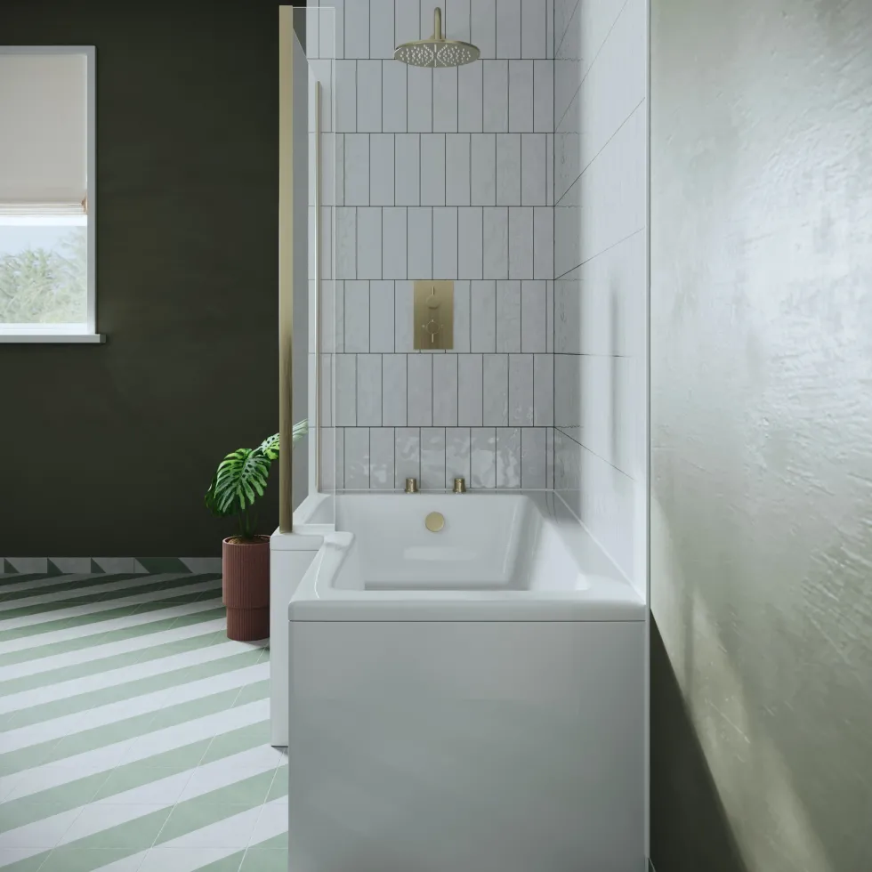 Drench L Shaped Shower Bath with Brushed Brass Shower Screen & Panel - 1500mm