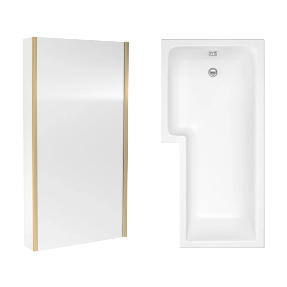 Drench L Shaped Shower Bath with Brushed Brass Shower Screen & Panel - 1500mm