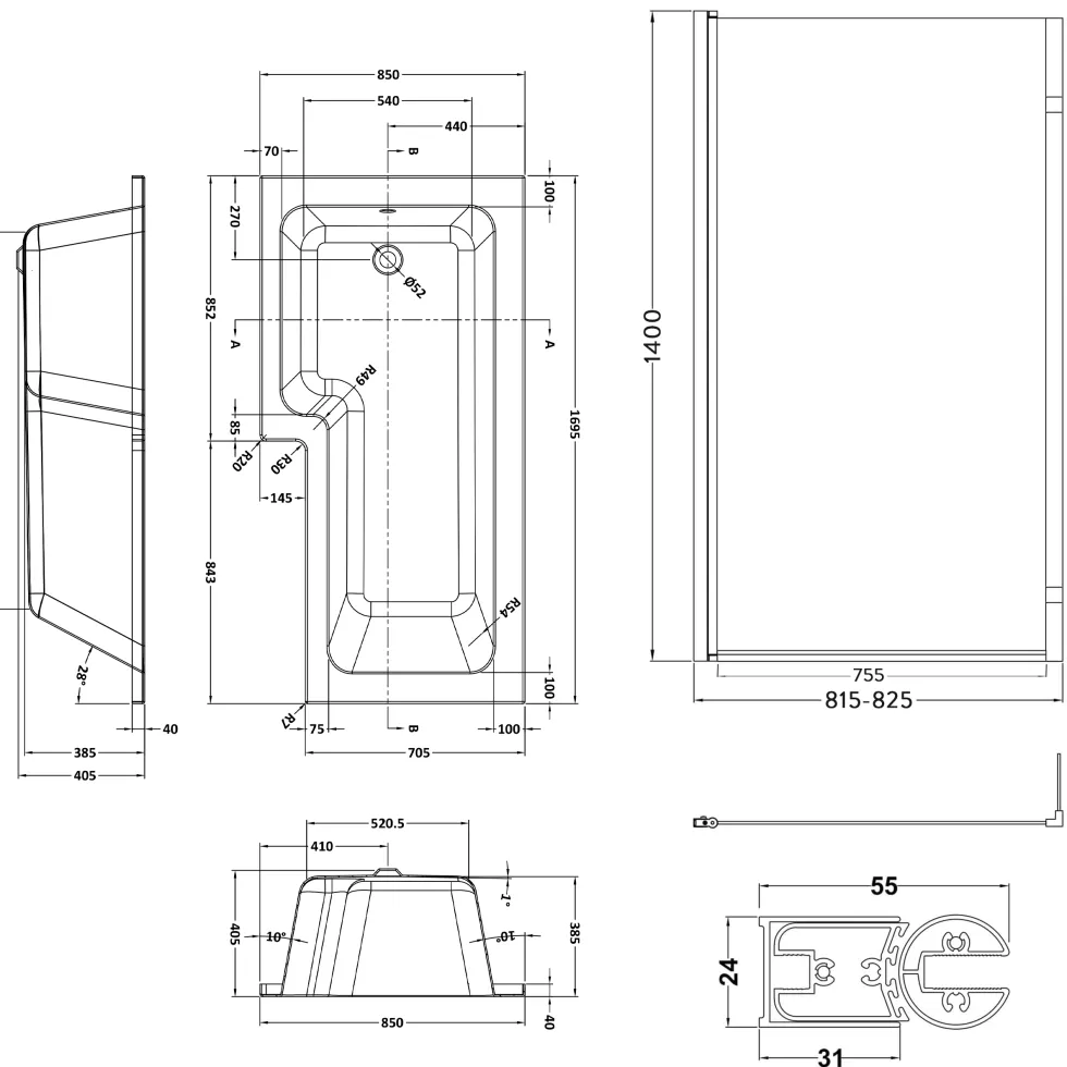 Drench L Shaped Shower Bath with Panel and Shower Screen - 1700mm