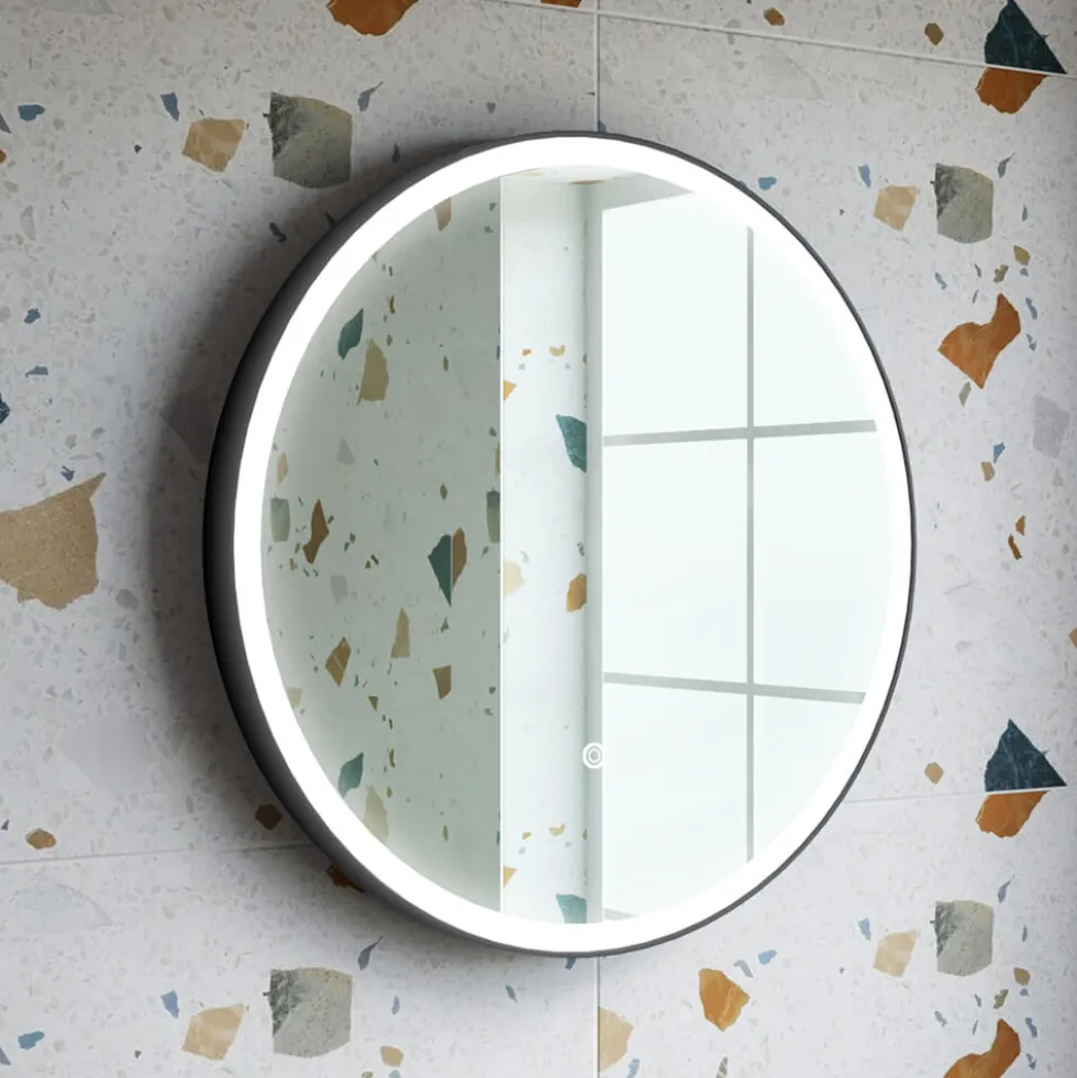 Drench Noir LED Illuminated Round Black Framed Mirror with Demister Pad & Colour Change LEDs - 600mm