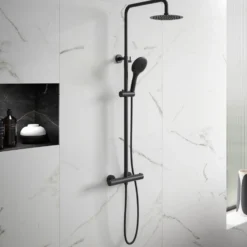 Drench Noir Matt Black Round Exposed Height-Adjustable Rigid Riser Rail Shower System