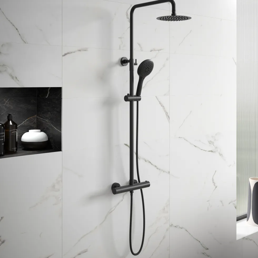 Drench Noir Matt Black Round Exposed Height-Adjustable Rigid Riser Rail Shower System