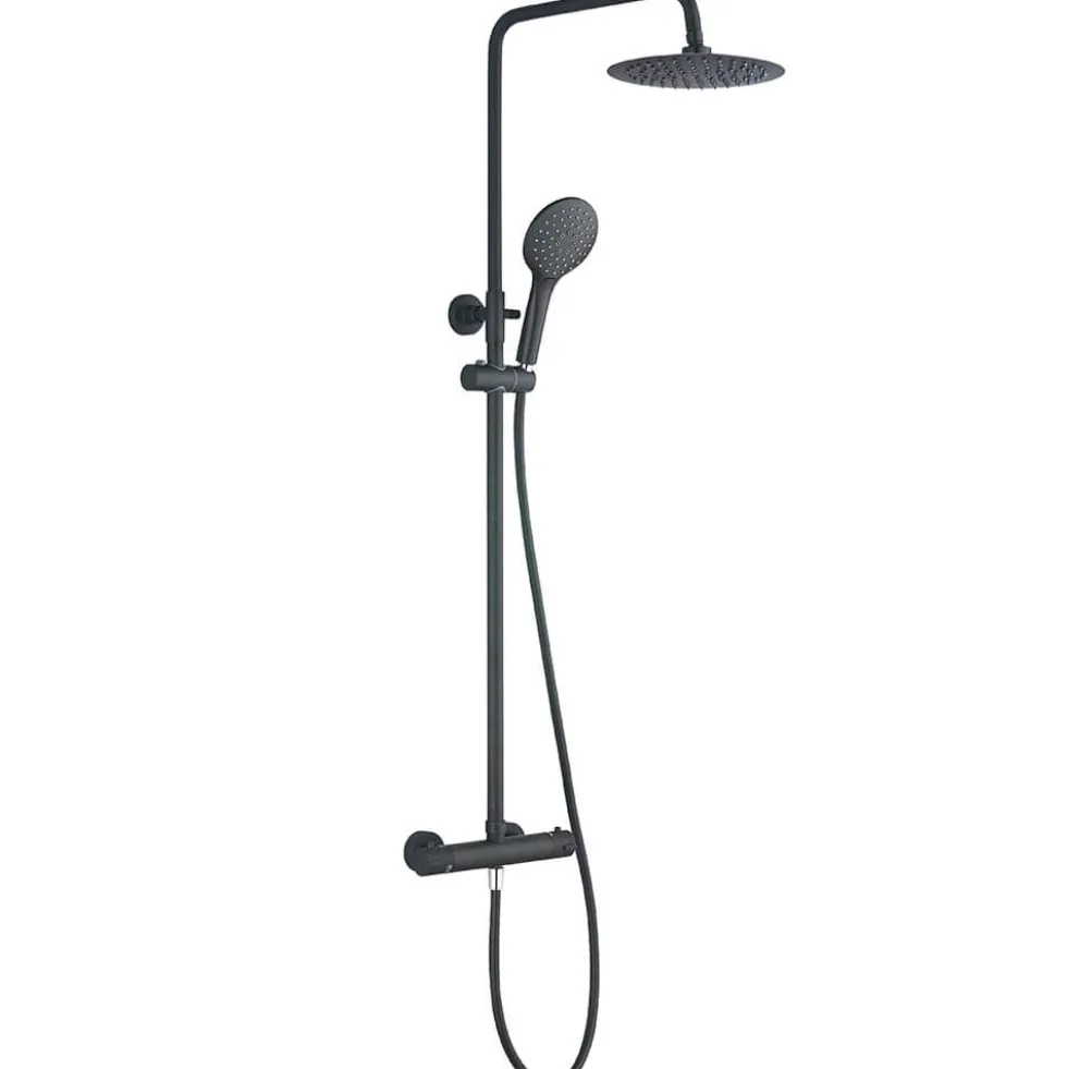 Drench Noir Matt Black Round Exposed Height-Adjustable Rigid Riser Rail Shower System