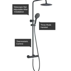 Drench Noir Matt Black Round Exposed Height-Adjustable Rigid Riser Rail Shower System
