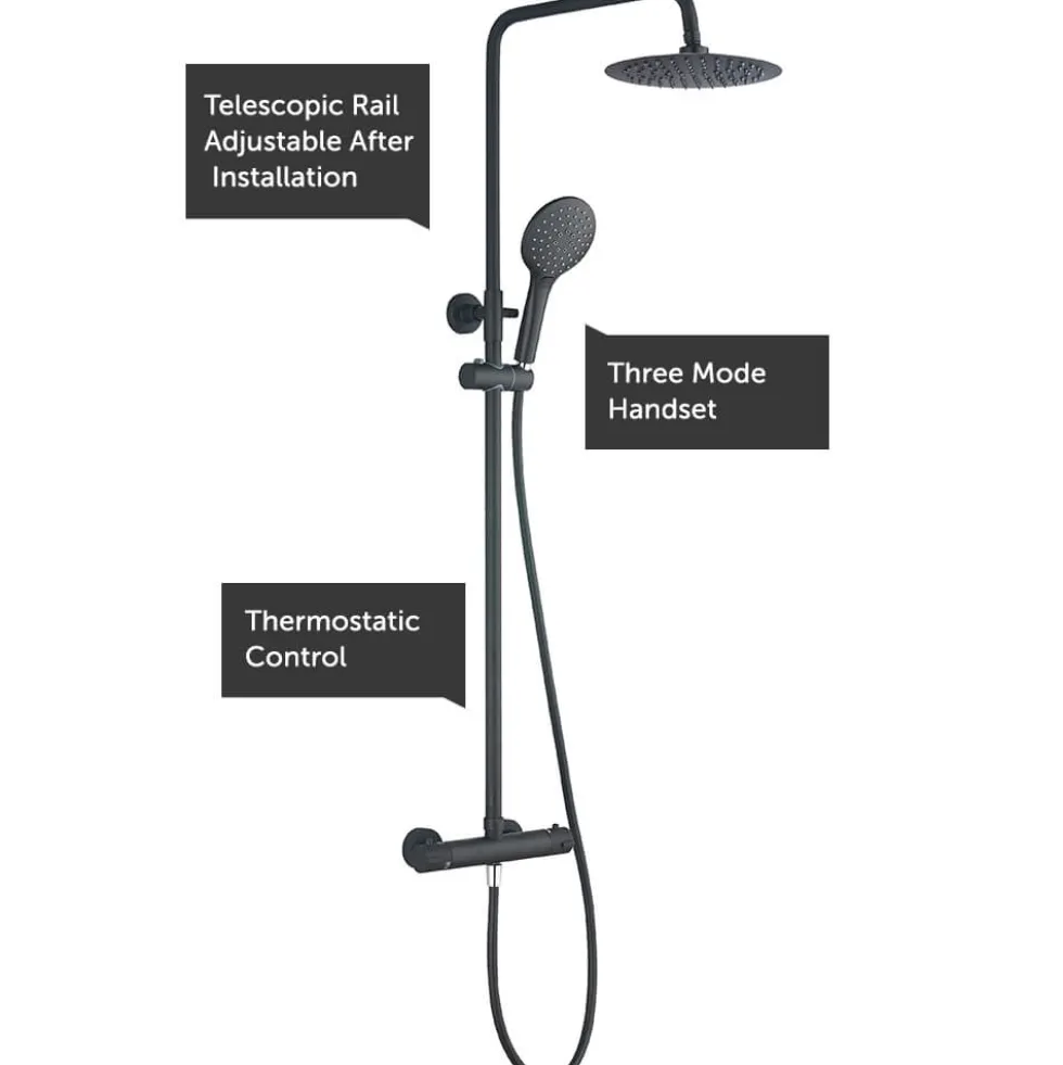 Drench Noir Matt Black Round Exposed Height-Adjustable Rigid Riser Rail Shower System