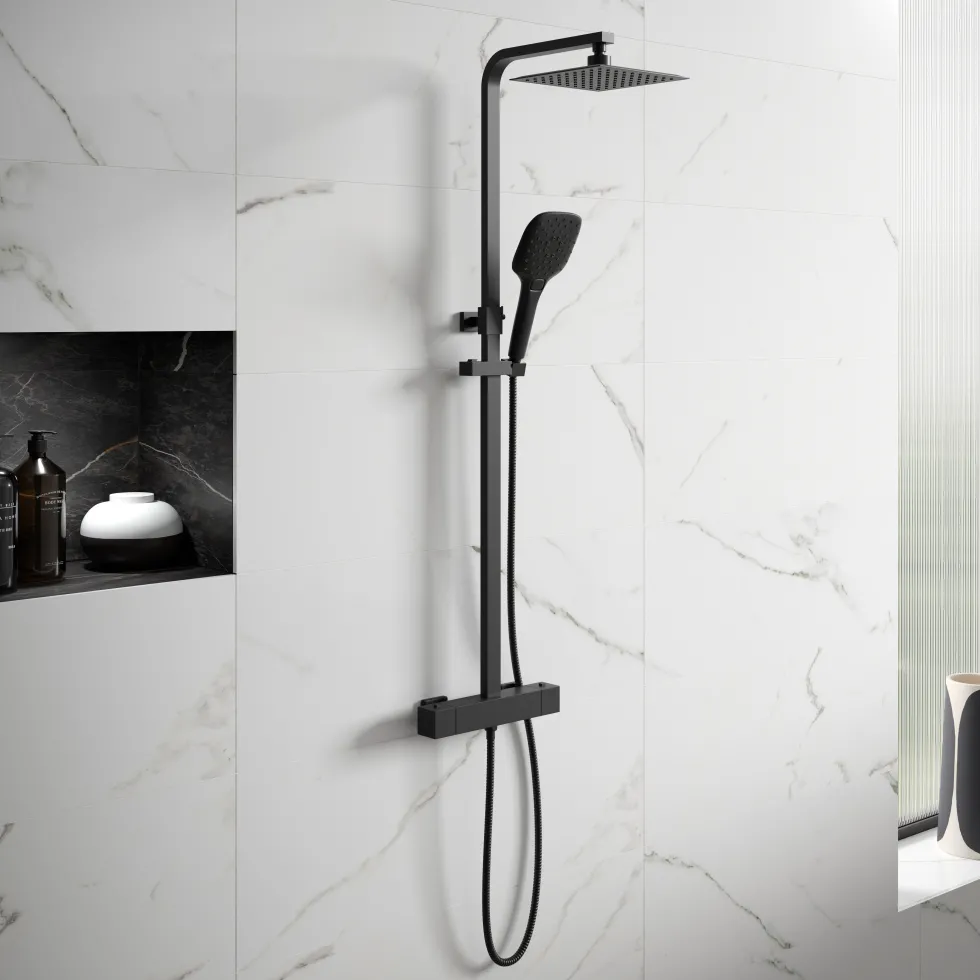Drench Noir Matt Black Square Exposed Height-Adjustable Rigid Riser Rail Shower System