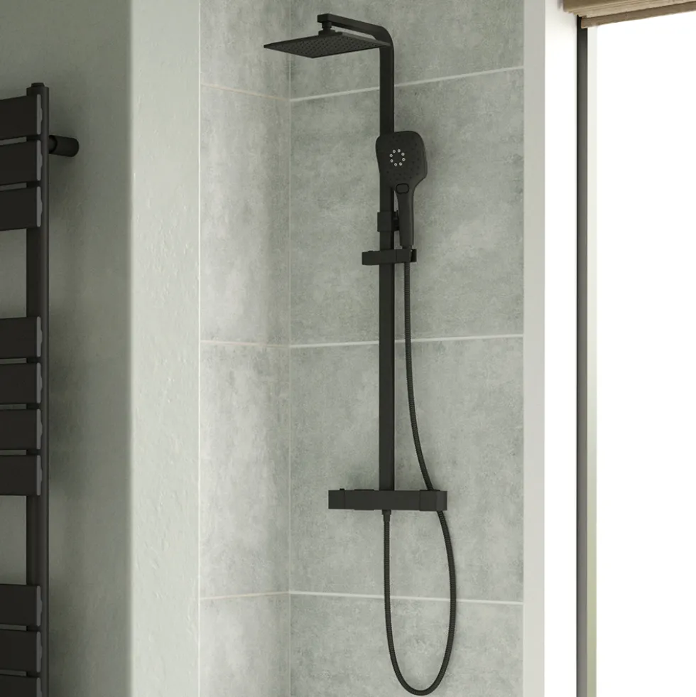 Drench Noir Matt Black Square Exposed Height-Adjustable Rigid Riser Rail Shower System