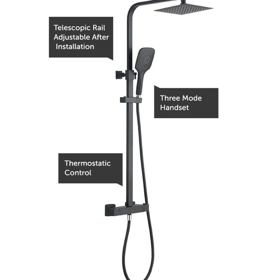 Drench Noir Matt Black Square Exposed Height-Adjustable Rigid Riser Rail Shower System