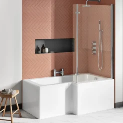 Drench Polished Chrome Hinged L-Shaped Bath Screen with Fixed Return - 1400 x 815mm
