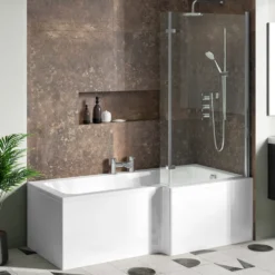 Drench Polished Chrome Hinged L-Shaped Bath Screen with Fixed Return - 1400 x 815mm