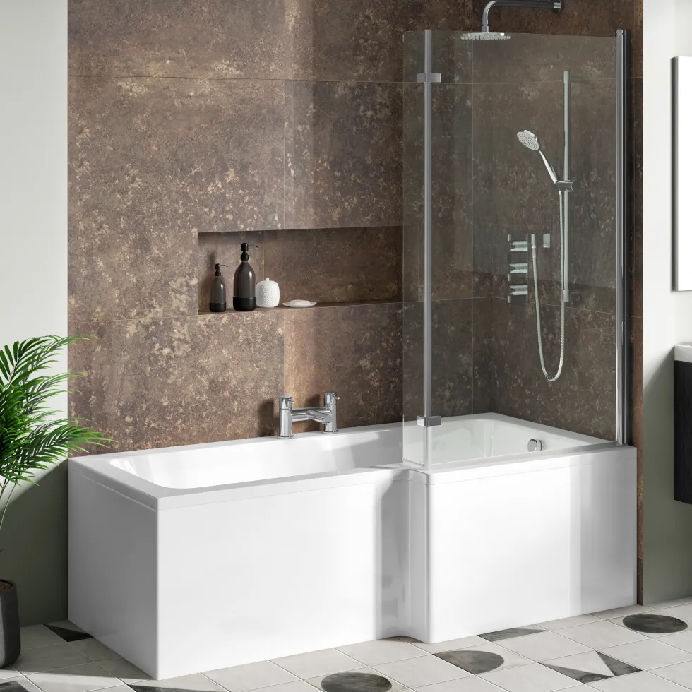Drench Polished Chrome Hinged L-Shaped Bath Screen with Fixed Return - 1400 x 815mm