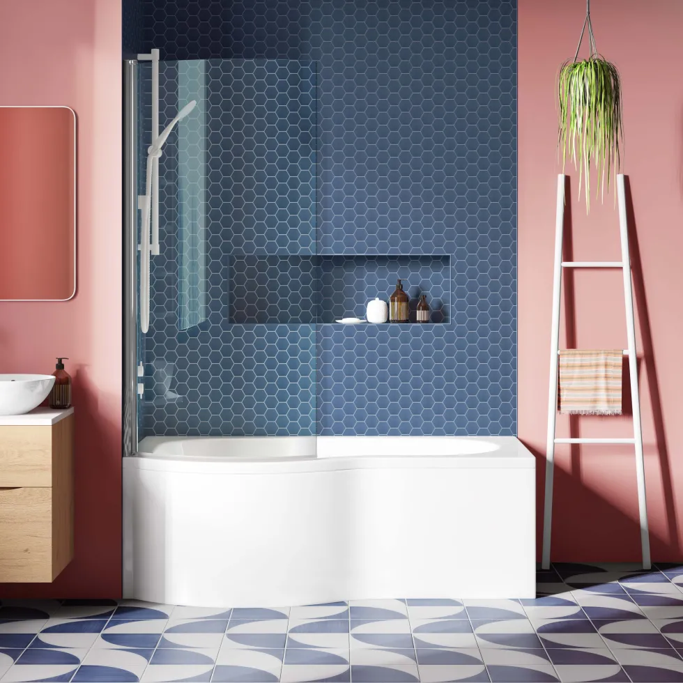 Drench P Shaped Shower Bath with Front Panel and Shower Screen - 1500mm
