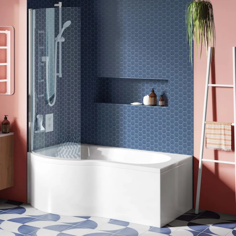 Drench P Shaped Shower Bath with Front Panel and Shower Screen - 1500mm