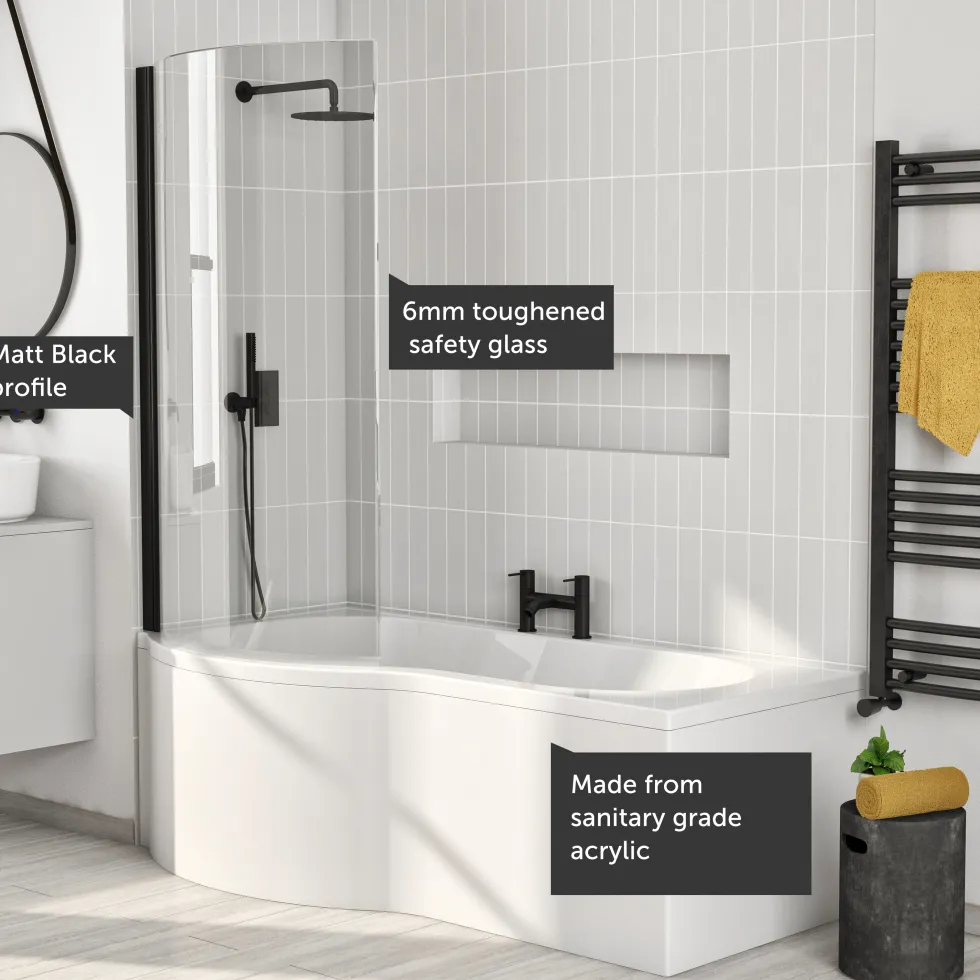 Drench P Shaped Shower Bath with Front Panel and Shower Screen - 1500mm