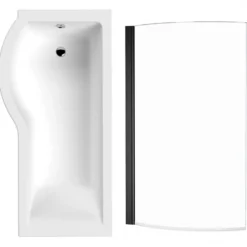 Drench P-Shaped Shower Bath with Matt Black Curved Shower Screen & Panel - 1700mm