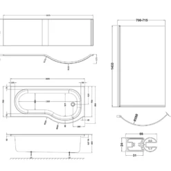 Drench P-Shaped Shower Bath with Matt Black Curved Shower Screen & Panel - 1700mm