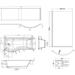 Drench P-Shaped Shower Bath with Matt Black Curved Shower Screen & Panel - 1700mm